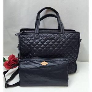 MZ Wallace Large Box Black Nylon Quilted Double Handles Tote Bag W/ Wallet